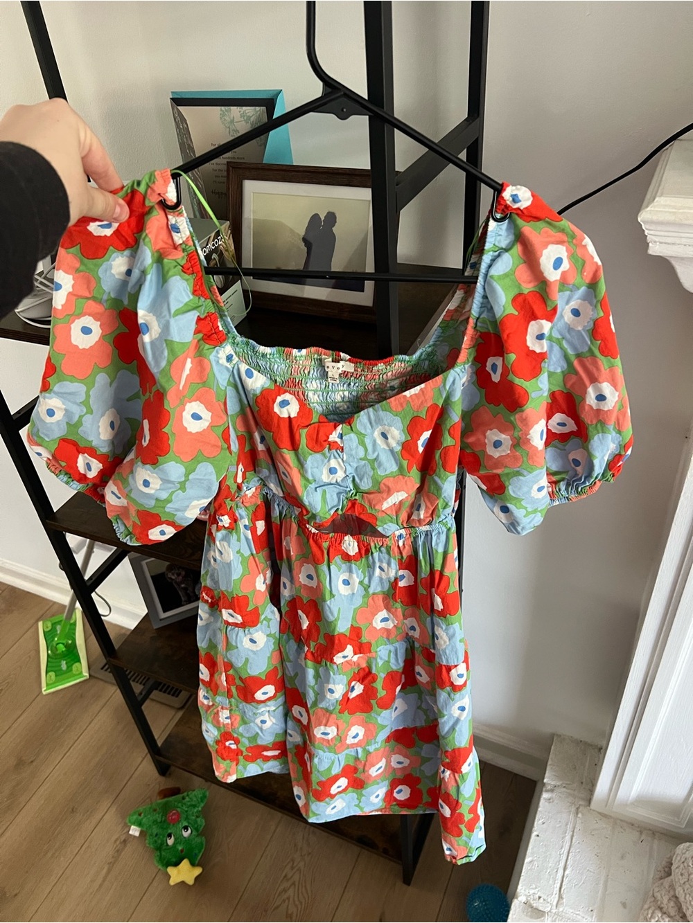 Floral Puff Sleeve Mini Dress in Orange, Green & Light Blue